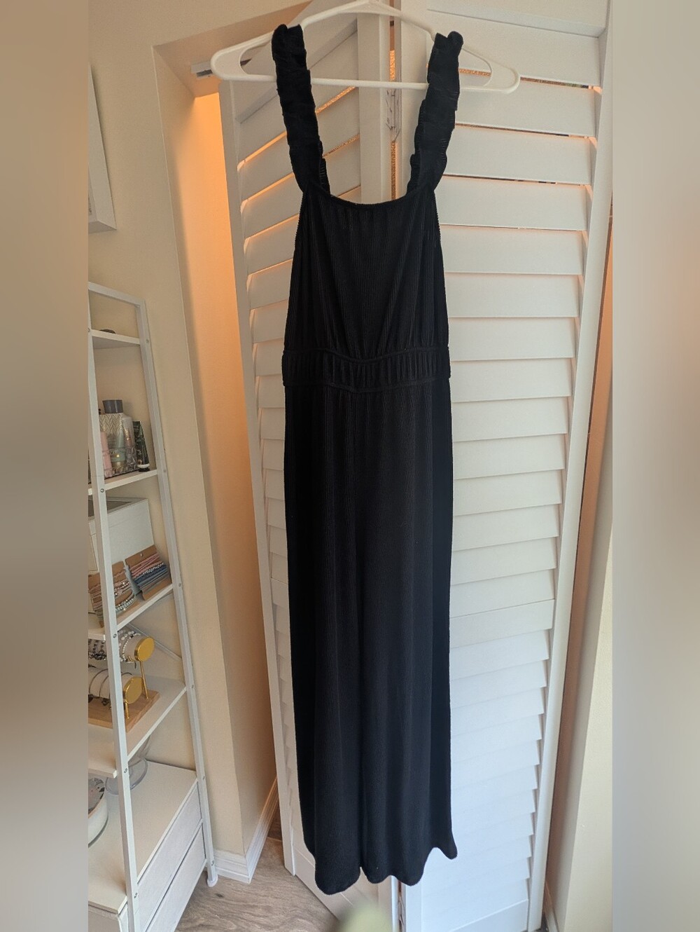 Black Women's Wide Leg Jumpsuit with Ruched Straps